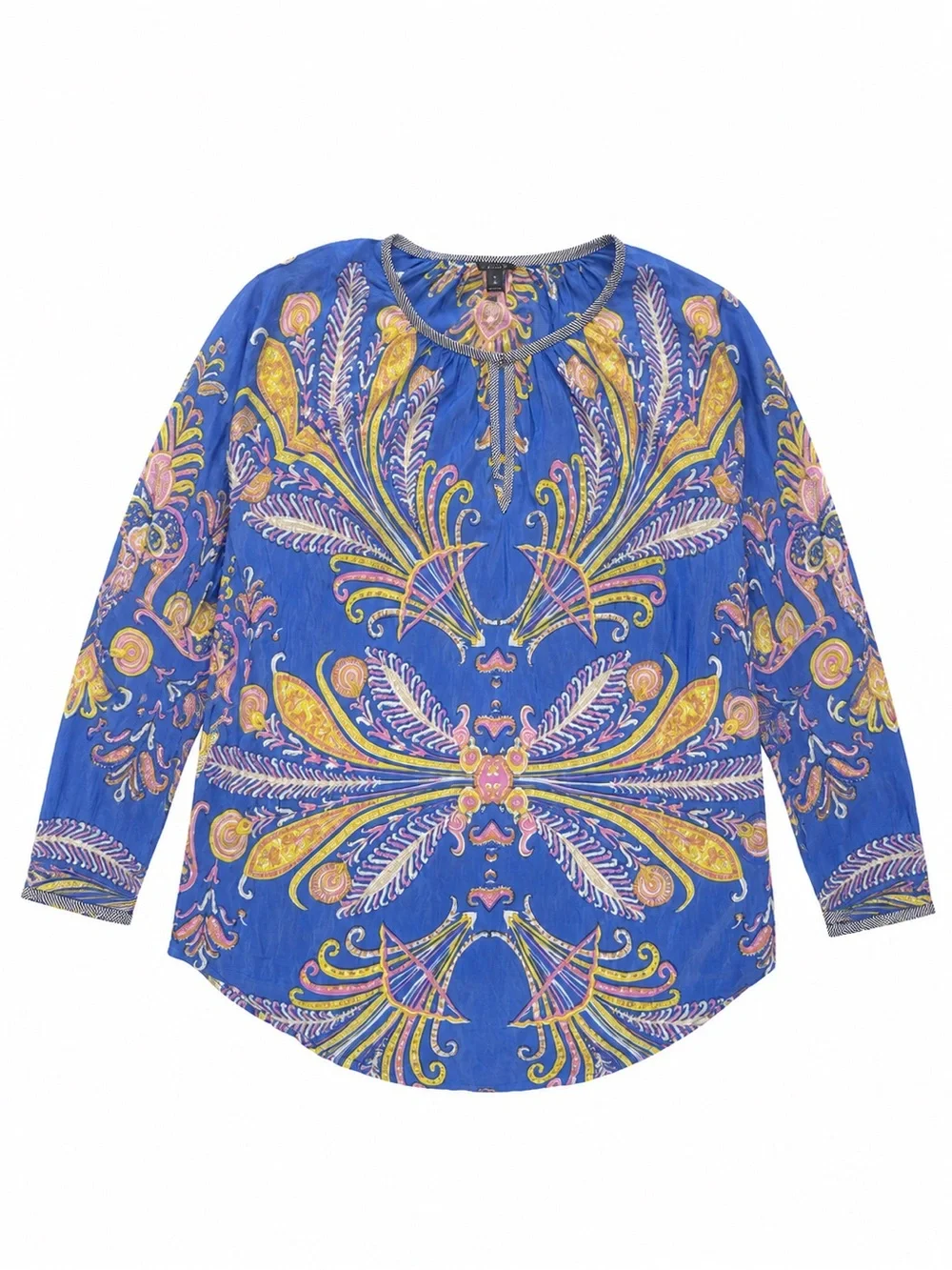 J.Crew 100% Silk Paisley Tunic Blouse Blue Multicolor Striped Trim XS